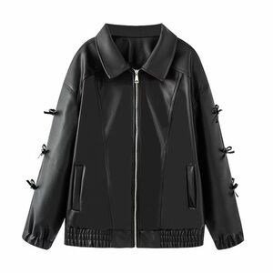 Elegant Black Leather Jacket with Bow Accents